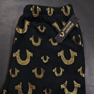 True Religion Loungewear Pants L Black With Gold Horseshoe Logos All Over Print